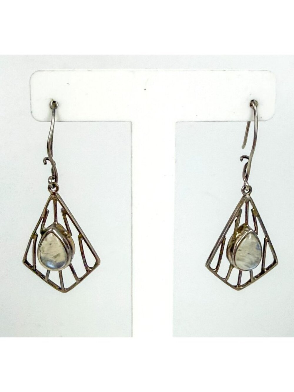 Sterling Silver Prism Lattice Teardrop Moonstone Kidney Hooks Dangle Earrings